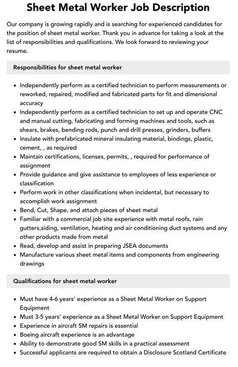 sheet metal worker responsibilities|sheet metal foreman job description.